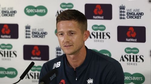 Joe Denly in a news conference at Edgbaston