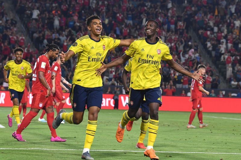 Nketiah celebrates after scoring against Bayern Munich