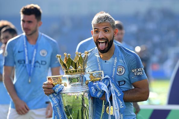 Sergio Aguero celebrates Man City&#039;s PL triumph