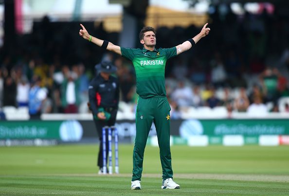 Shaheen Afridi celebrates after a wicket.