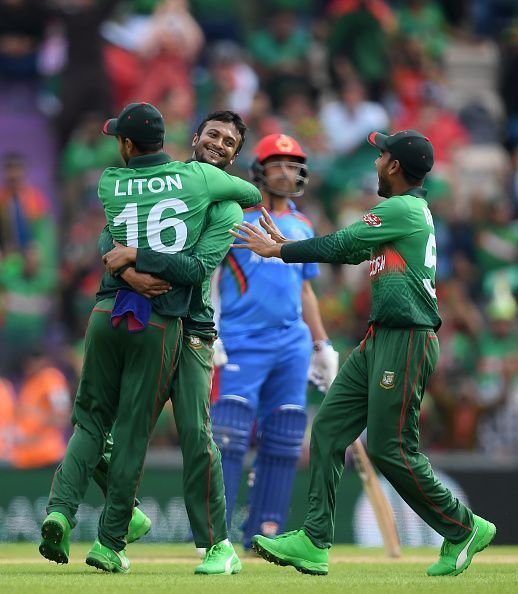 Bangladesh&#039;s players celebrating against Afghanistan at the ICC Cricket World Cup 2019
