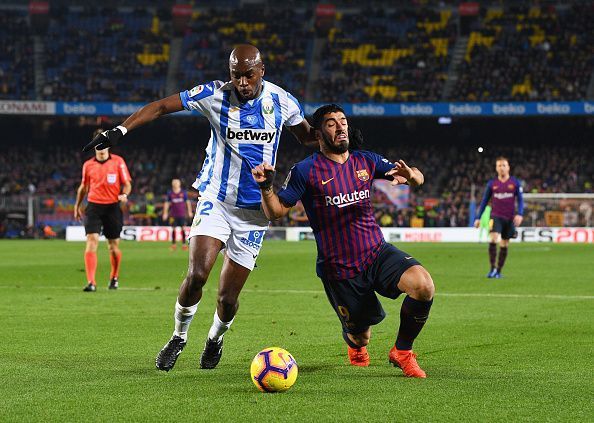 Allan Nyom and Luis Suarez challenging for the ball in the La Liga last season.