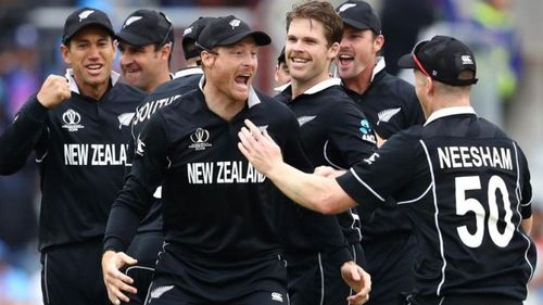 New Zealand players celebrating MS Dhoni's dismissal