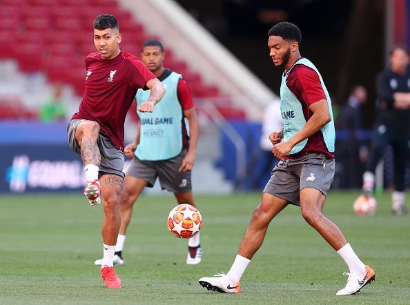 Roberto Firmino and Joe Gomez in training.