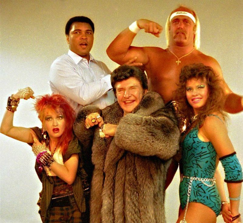 Hulk Hogan with Muhammed Ali, Liberace, Wendi Richter, and Cyndi Lauper.