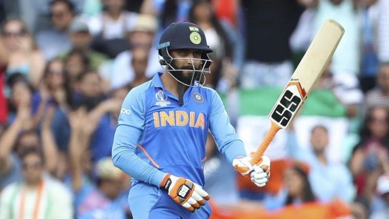 Jadeja directing his bat towards the commentary box after reaching his half-century.