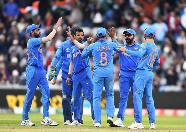 Indian players celebrate a wicket during the World Cup.