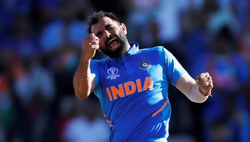 Shami celebrates after picking up his hat-trick against Afghanistan.