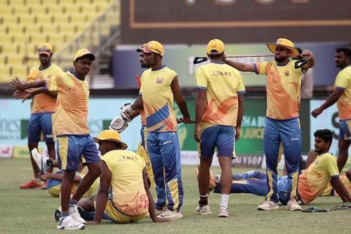 Dindigul Dragons team in practice session ahead of their clash against iDream Karaikudi Kaalai in Sankar Cement TNPL 2019