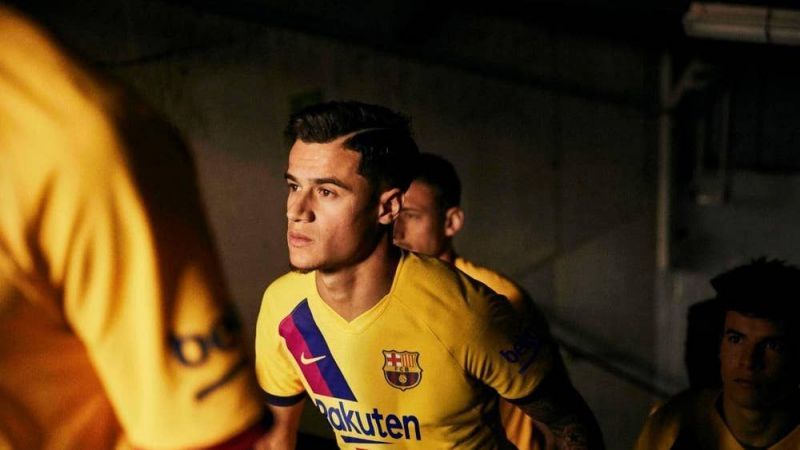 Philippe Coutinho (center) modeling Barca&#039;s latest away kit San&eacute;, Silva, Mendy, and Ederson model City&#039;s new away kit