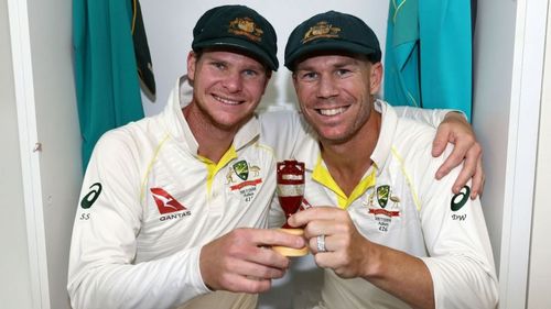 Steve Smith and David Warner celebrate with the Ashes