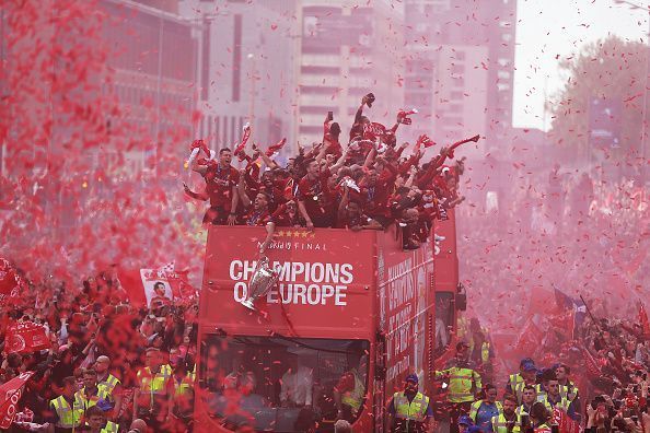 Liverpool celebrate winning their sixth UEFA Champions League title