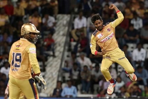 Chepauk Super Gillies' R Alexandar celebrates the fall of a wicket