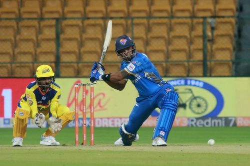 Bengaluru Blasters' Rongsen Jonathan is seen in action against the Mysuru Warriors