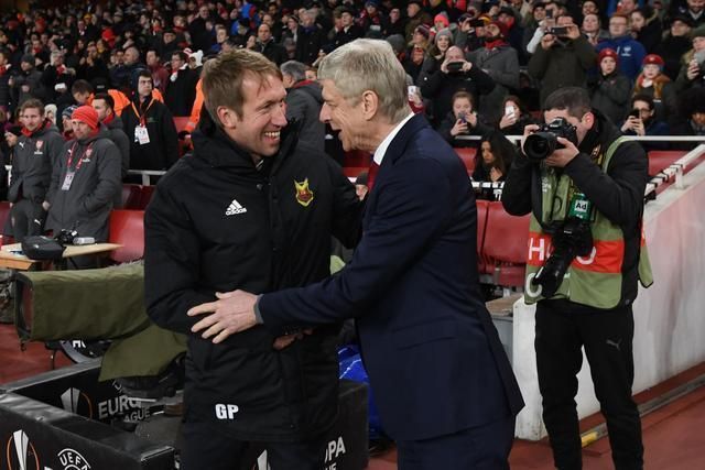 Graham Potter (left), Arsene Wenger (right) during 2017/18 Europa League Round of 32 tie