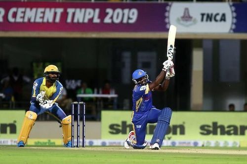 Sarath Raj A of Siechem Madurai Panthers scored 32 runs off 23 balls against Dindigul Dragons in the qualifier game 2 in the Sankar Cement TNPL 2019 at the NPR College Cricket Ground, Natham, Dindigul