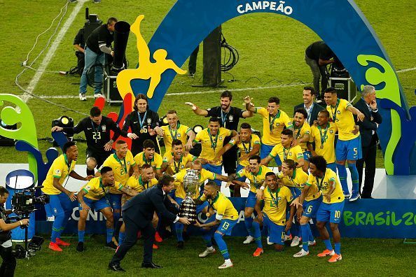 Brazil celebrate with the Copa America trophy.
