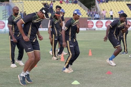 Tuti Patriots team in practice session ahead of their clash against iDream Karaikudi Kaalai in Sankar Cement TNPL 2019 at the NPR college cricket ground, Natham, Dindigul