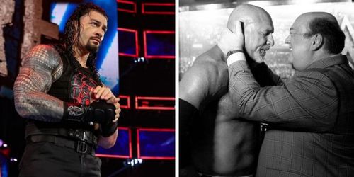 Roman Reigns (left); Paul Heyman & Goldberg (right)