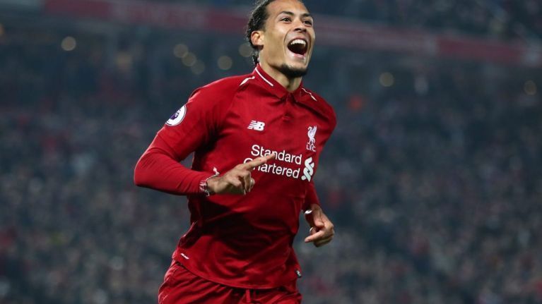 Virgil van Dijk celebrating a Liverpool goal.