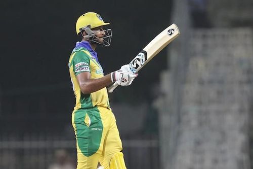 Shahrukh Khan of Lyca Kovai Kings raises his bat after scoring his half-century against iDream Karaikudi Kaalai in the Sankar Cement TNPL 2019 at the MA Chidambaram Stadium, Chennai