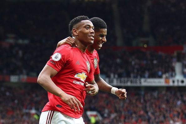 Anthony Martial and Marcus Rashford in  a celebratory mood.