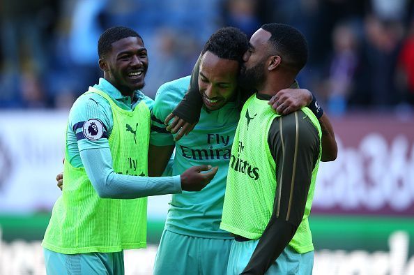 Ainsley Maitland-Niles, Pierre-Emerick Aubameyang and Alexandre Lacazette