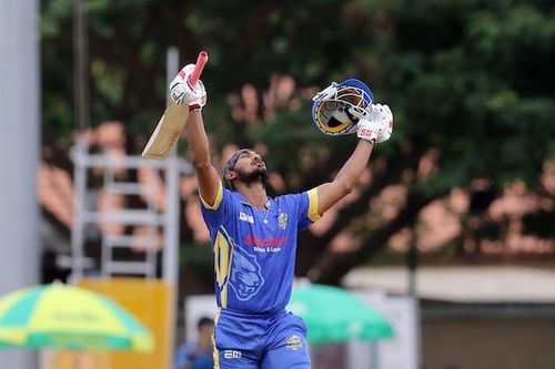 Arun Karthick KB of Siechem Madurai Panthers raises his bat after scoring a century during match 18 of the fourth edition of TNPL 2019