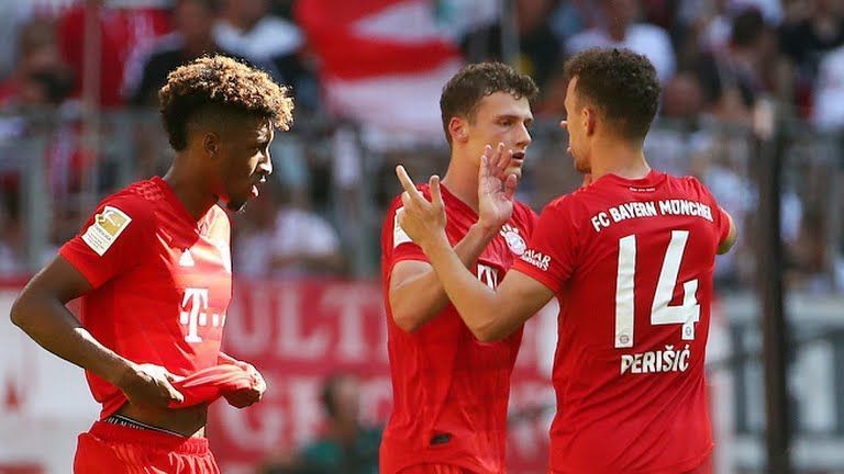 Pavard celebrates with Perisic and Coman - both players who tend to earn more credit in wins like these