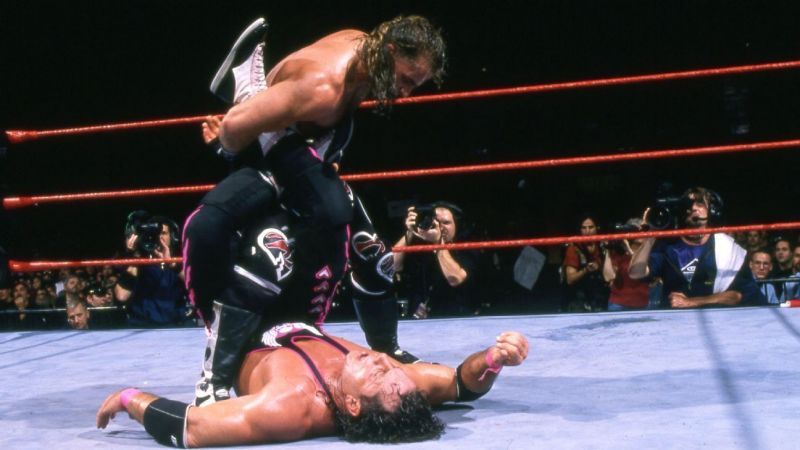 Shawn Michaels puts the sharpshooter on Bret Hart at the infamous Survivor Series 1997