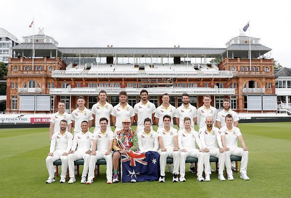 The Australian cricket team posing for a team photoshoot