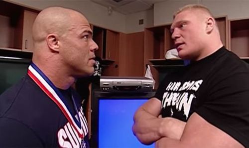 Kurt Angle being confronted by Brock Lesnar backstage in WWE