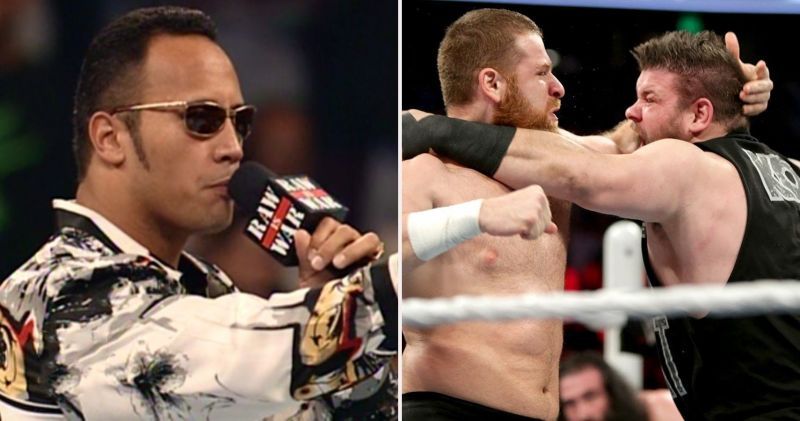 Left: The Rock during his glory days in the Attitude Era. Right: Sami Zayn and Kevin Owens take the fight to each other in the modern era.
