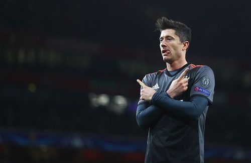 Robert Lewandowski with his trademark goal celebration