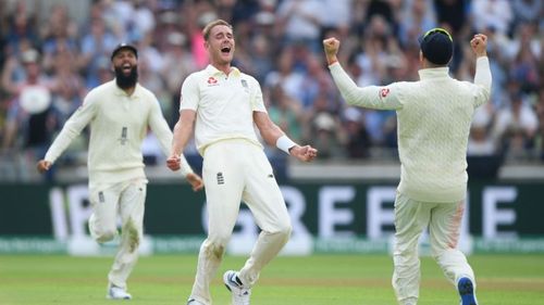 Stuart Broad celebrates taking the wicket of Steve Smith