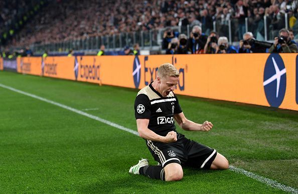 Van de Beek celebrates after scoring for Ajax in the UEFA Champions League Quarter Final: Second Leg