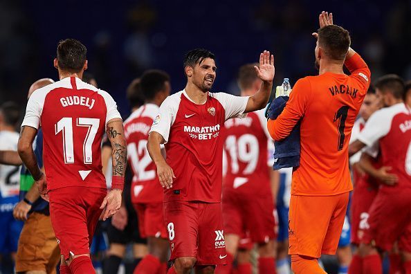 Sevilla celebrate a goal.