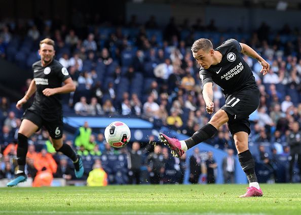 Brighton's Leandro Trossard takes a shot at goal.