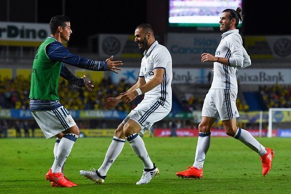James Rodriguez (left), Karim Benzema (centre) and Gareth Bale (right)