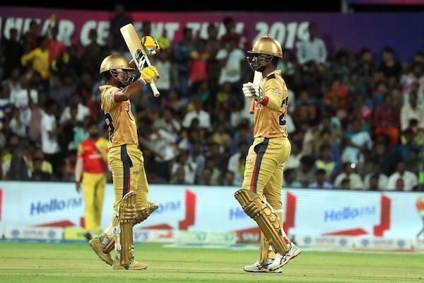 Harish Kumar S and Kaushik Gandhi of Chepauk Super Gillies during their brilliant partnership worth 76 runs against VB Kanchi Veerans in TNPL 2019