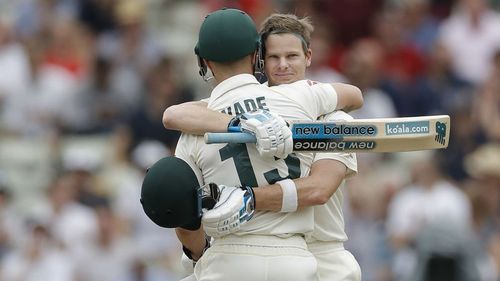 Steve Smith hugs Matthew Wade at Edgbaston