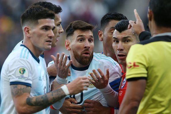 Lionel Messi remonstrates with the referee  during the Copa America.