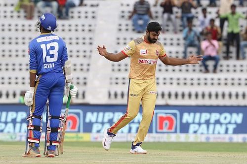 Vijay Shankar of Chepauk Super Gillies celebrates the wicket of Akash Sivan .S. Of Tuti Patriots during match 27 of the fourth edition of Tamil Nadu Premier League 2019