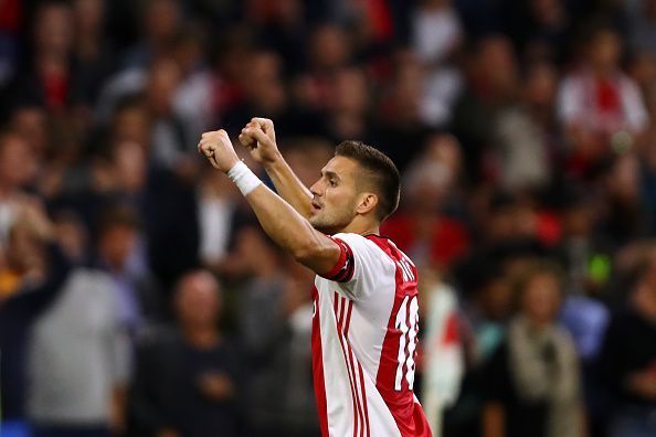 Du&Aring;&iexcl;an Tadi&Auml;‡ celebrating after Ajax beat PAOK in the 3rd qualifying round of the Champions League