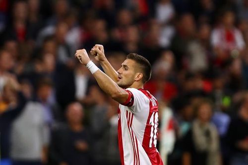 DuÅ¡an TadiÄ celebrating after Ajax beat PAOK in the 3rd qualifying round of the Champions League