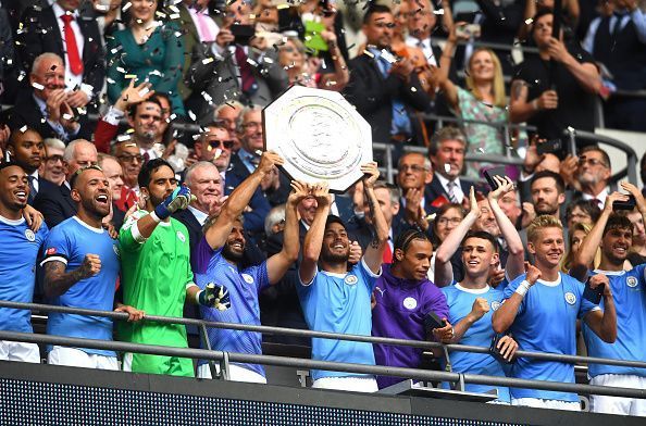 Manchester City players celebrate their Community Shield victory