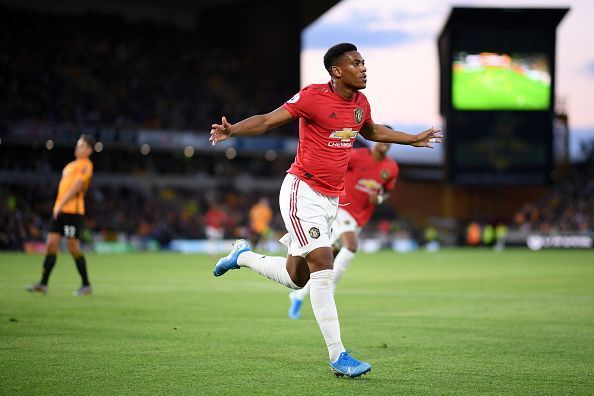 Martial celebrates his strike versus the Wolves.