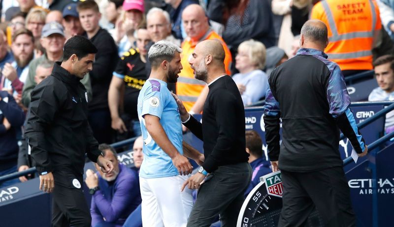 Aguero and Guardiola argue after the striker was subbed off