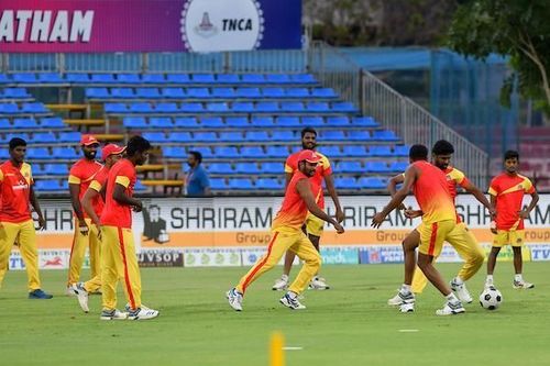 VB Kanchi Veerans team in practice session ahead of their clash against Ruby Trichy Warriors in Sankar Cement TNPL 2019 at ICL- Sankar Nagar Ground, Tirunelveli