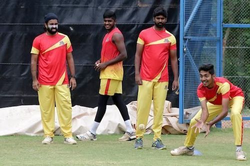 VB Kanchi Veerans team in practice session ahead of their clash in eliminator game against Siechem Madurai Panthers in the Sankar Cement TNPL 2019 at the ICL- Sankar Nagar Ground, Tirunelveli